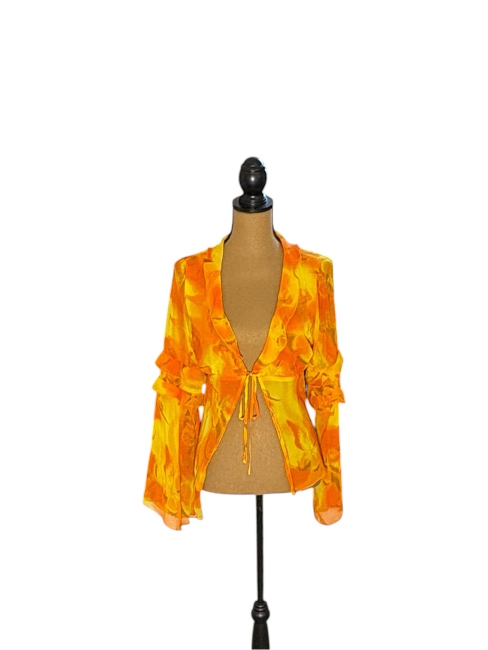Urban Outfitters Janet Blouse Large Orange Yellow Sheer Ruffle Tie Front 70s